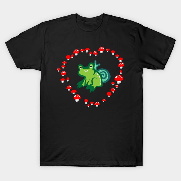 Red Mushroom Heart with Frog and Snail "Goblincore Snuggles" T-Shirt by Boreal-Witch